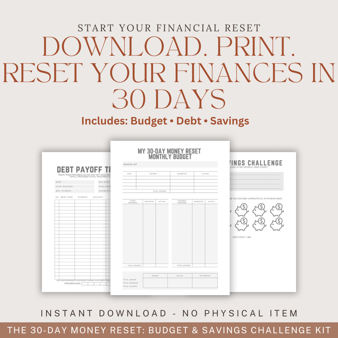 30-Day Money Reset Printable Kit (Budget • Debt • Savings + Free Bonus)